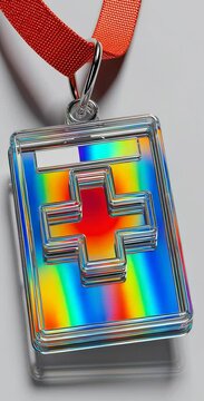 A vibrant medal with a rainbow design, showcasing a unique geometric shape, perfect for celebrating achievements.