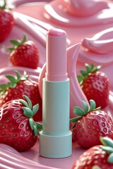 A close up of a strawberry and a green and white lip balm