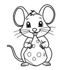 A sweet line art depiction of a mouse holding a piece of cheese, perfect for animal-themed coloring books