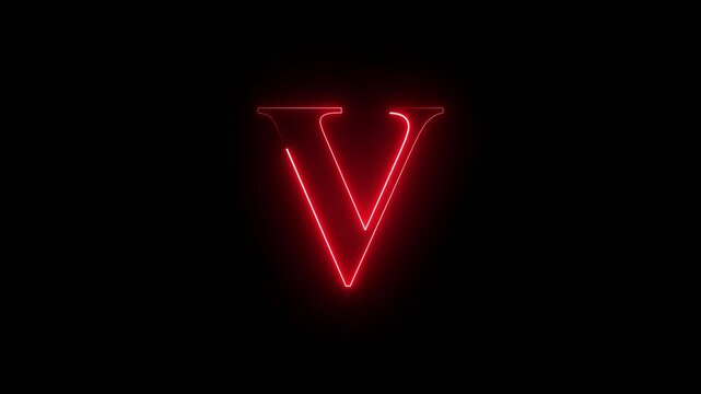 neon glowing light V letter icon animation on black background