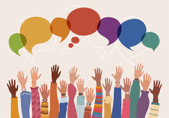 Anonymous multicultural group of people with hand raised speech bubble racial equality communication diversity and inclusion isolated