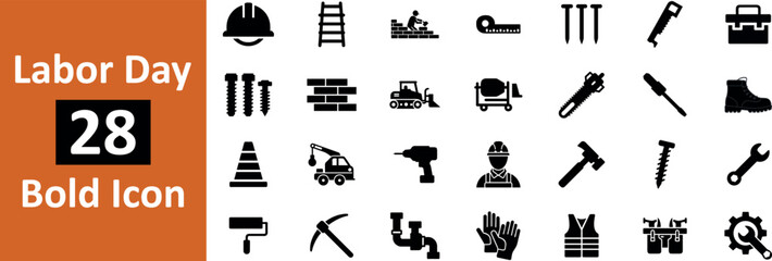 28 Labor day bold icon collection featuring construction tools and safety gear isolated on transparent background