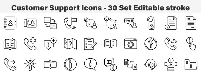 Customer Support Icons 30 Set. Line Art Icon Collection. Editable Stroke Vector Illustration