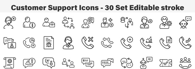 Customer Support Icons 30 Set. Line Art Icon Collection. Editable Stroke Vector Illustration