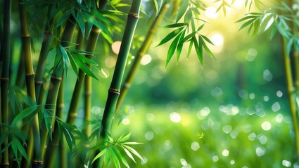 Bamboo stalks and leaves in a lush green forest with sunlight filtering through, creating a serene and natural environment.