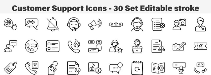 Customer Support Icons 30 Set. Line Art Icon Collection. Editable Stroke Vector Illustration