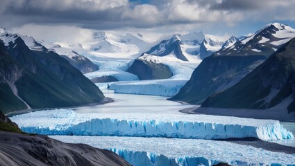 A glacier landscape with mountains, ice formations, and snow-capped peaks.