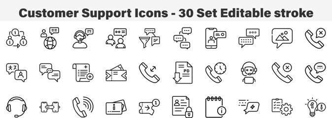 Customer Support Icons 30 Set. Line Art Icon Collection. Editable Stroke Vector Illustration