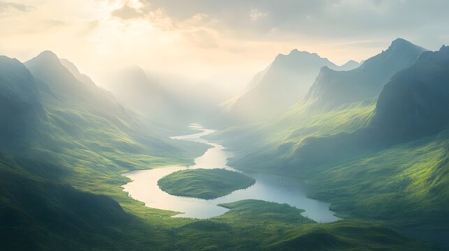 Peaceful river valley surrounded by majestic mountains - Powered by Adobe