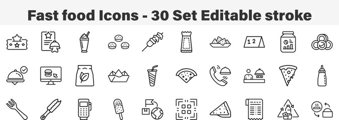 Fast Food Icons 30 Set. Line Art Icon Collection. Editable Stroke Vector Illustration