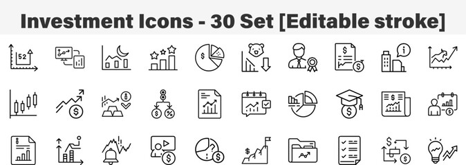 Investment Icons 30 Set. Line Art Icon Collection. Editable Stroke Vector Illustration