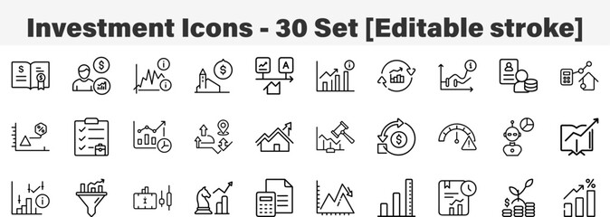 Investment Icons 30 Set. Line Art Icon Collection. Editable Stroke Vector Illustration