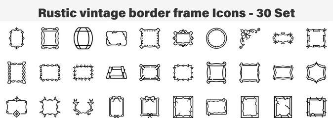 Set of 30 Outline Rustic Vintage Border Frame Icons Line Art Icon Collection Editable Stroke Vector Illustration