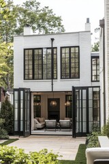 Modern two-story home features large black-framed windows and an inviting outdoor space perfect for relaxation and gatherings in a serene neighborhood