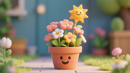 Colorful smiling flowers bloom from a joyful cartoon flower pot, with a cheerful sun peeking through the petals—set in a whimsical fantasy garden filled with positivity and playfulness