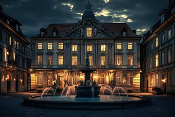 The town hall of the present city at night, with the fountain in front and an ornate building behind it