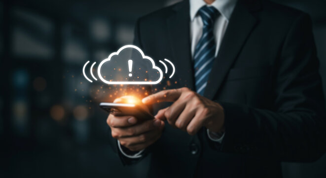 Cloud Data Security: An executive in a sleek suit, meticulously examining a smartphone, a luminous cloud icon superimposed above, conveying the critical importance of data security in the digital age.