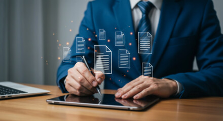 Digital Documentation: A businessman in a suit utilizes digital documents and data, with a pen in hand, interacting with an innovative tablet to sign important paperwork