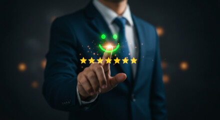 Client Satisfaction: A businessman wearing suit using the digital interface to give positive feedback, pointing on the five star rating, representing client satisfaction.