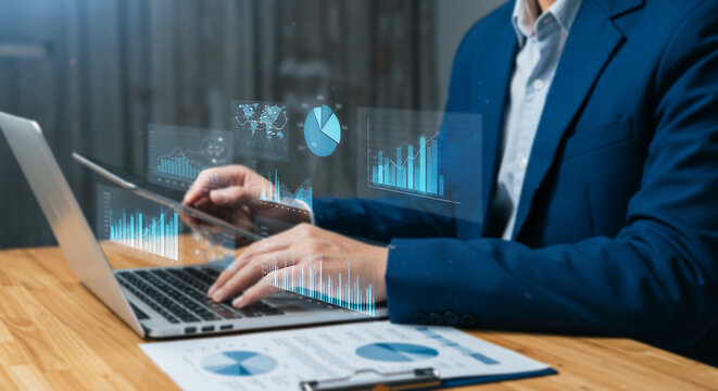 Financial Data Analysis: A dedicated business analyst immersed in intricate financial data, meticulously examining charts, graphs.