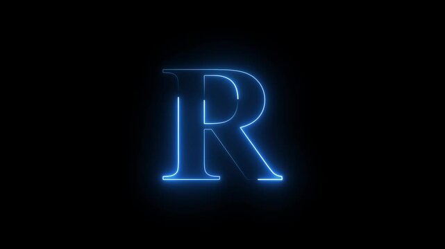 neon glowing light R letter icon animation on black background