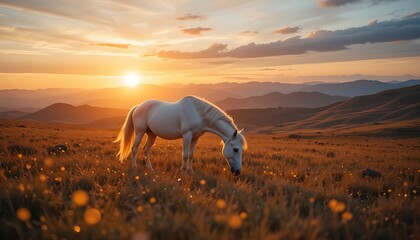 White Horse Grazing Peacefully in a Golden Sunset Meadow Landscape