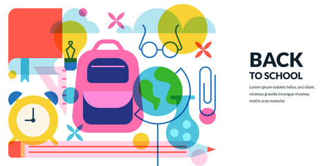 Back to school banner poster design. Vector education illustration of backpack, book, alarm clock, globe, flask