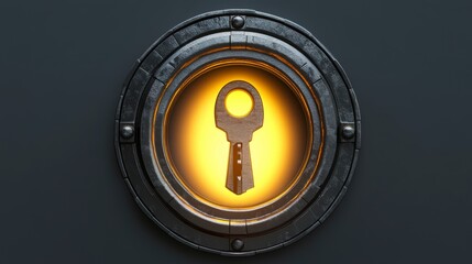 Glowing keyhole icon in metallic frame.