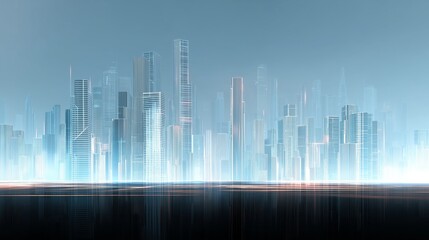 Fototapeta premium Ethereal blue-tinted futuristic cityscape, translucent glass architecture, dreamy atmospheric landscape, holographic building effects, misty modern skyline, clean minimalist architectural design