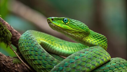 Fototapeta premium Vivid green viper with striking blue eyes coiled on a mossy branch in a lush forest setting