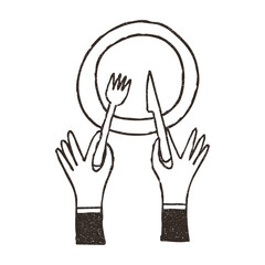 Hands with knife and fork above empty plate, cartoon doodle vector illustration isolated on white background. Hand drawn outline art with grunge texture. Concept of cafe and restaurant.