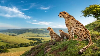 Obraz premium Majestic cheetah family surveys the vast savanna landscape under a brilliant blue sky