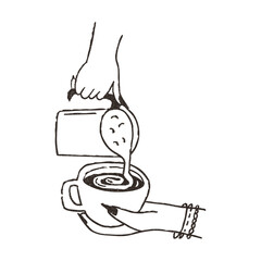 Barista preparing coffee, cartoon doodle vector illustration isolated on white background. Hand drawn outline art with grunge texture. Concepts of cafe.