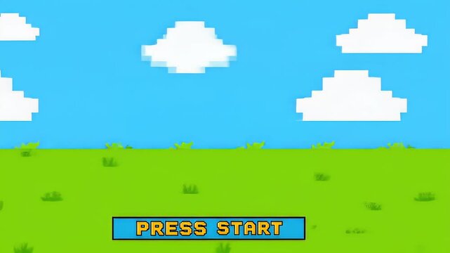 Retro pixel art video game intro with a bright green field and blue sky background animation