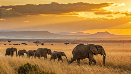 Herd of elephants walking across the savanna at sunset with dramatic golden clouds