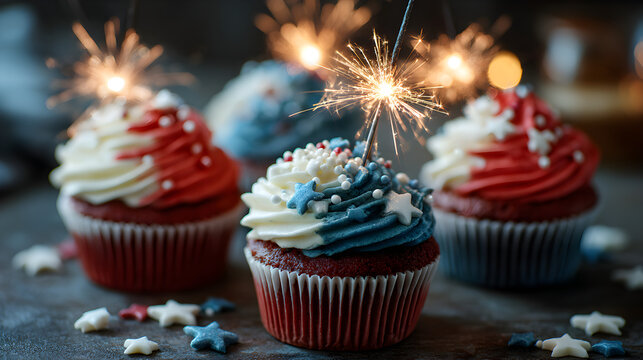 Patriotic cupcakes with sparklers and star sprinkles for a festive celebration treat display - Powered by Adobe