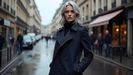 Fototapeta premium Silver-Haired Model in Navy Trench Coat on Rainy Paris Street