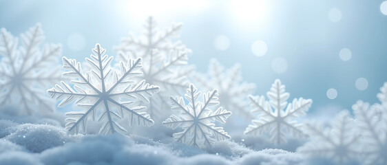 A hyperrealistic macro digital painting of snowflakes in sharp detail, each six-pointed and unique, against a seamless cool blue and white backdrop with a soft, serene atmosphere.