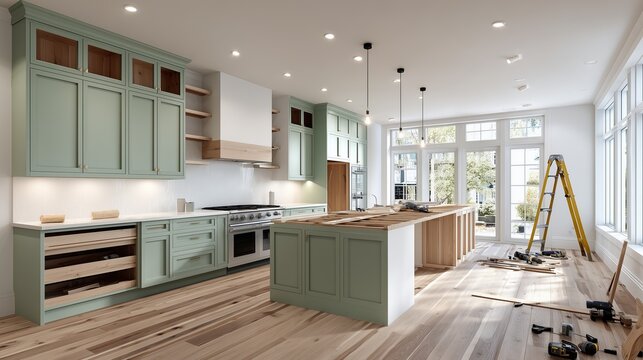 Spacious kitchen remodel features mint green cabinetry, wooden floors, and construction tools, highlighting a bright, modern design under progress.