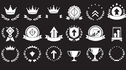 A set of white silhouette icons on a black background, representing achievement, success, and royalty with crowns, laurels, trophies, and upward arrows.