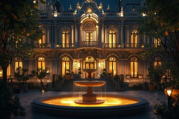 The town hall of the present city at night, with the fountain in front and an ornate building behind it