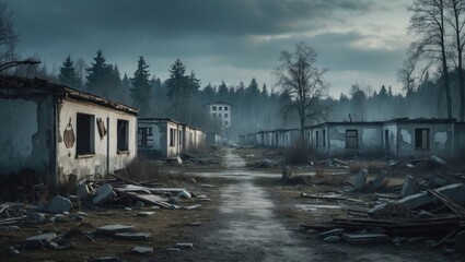 Obraz premium Abandoned village with dilapidated houses and debris, under a gloomy sky, surrounded by leafless trees and a forest backdrop.