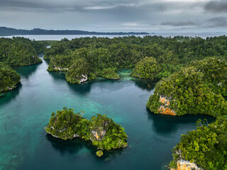 Lush Green Karst Islands and Serene Bays Under a Cloudy Sky in Indonesia