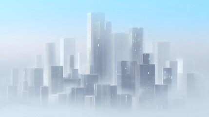 Ethereal blue-tinted futuristic cityscape, translucent glass architecture, dreamy atmospheric landscape, holographic building effects, misty modern skyline, clean minimalist architectural design