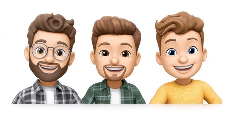 Three expressive memoji characters showcasing unique hairstyles and styles against a plain background