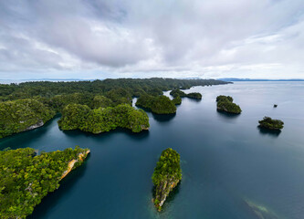 Fototapeta premium Lush Green Karst Islands and Serene Bays Under a Cloudy Sky in Indonesia