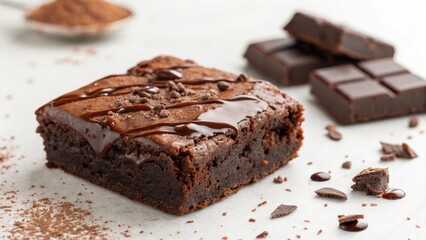 Delicious chocolate brownie with ganache and cocoa powder