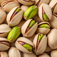A close-up view of numerous pistachios, some shelled and some still in their slightly opened shells, showcases their vibrant green and beige hues