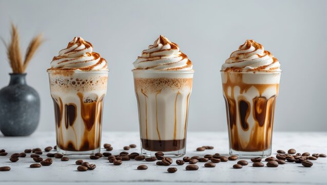 Three coffee drinks topped with whipped cream and chocolate, with coffee beans scattered around.