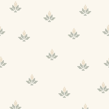 Minimal Cross-Stitch Floral Seamless Pattern for Textile Print and Fabric Design
